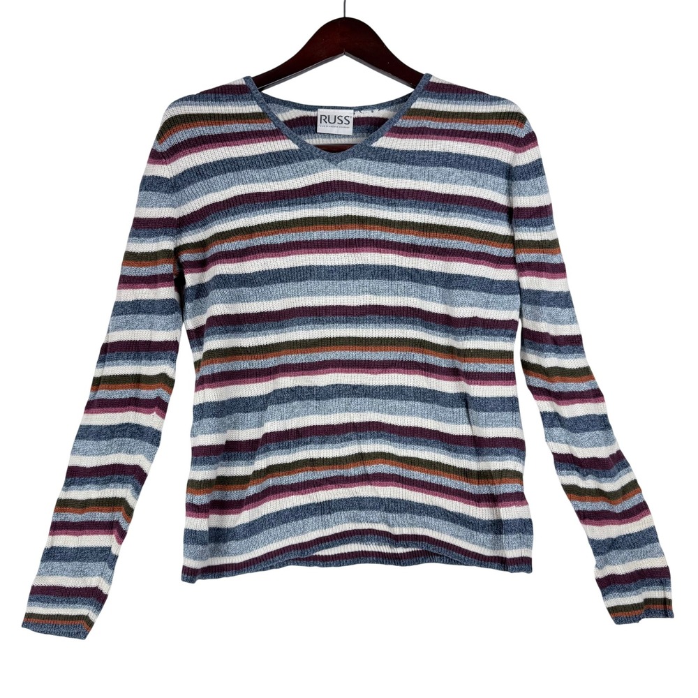 Vintage Russ V-Neck Sweater M Striped Knit Earthy Preppy Casual Grandmacore Y2K